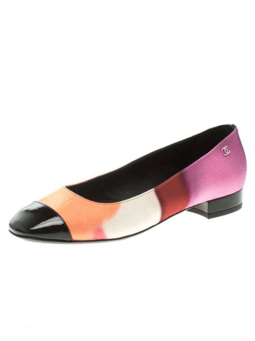 CHANEL Multicolor Satin Cap-Toe Ballet Flat in Pink, Orange, Cream and Black